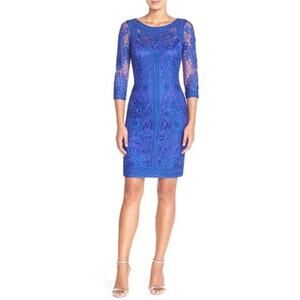 Sue Wong Ribbon Trim Illusion Bodice Dress Satin Lined Cobalt Blue Sz Medium 10